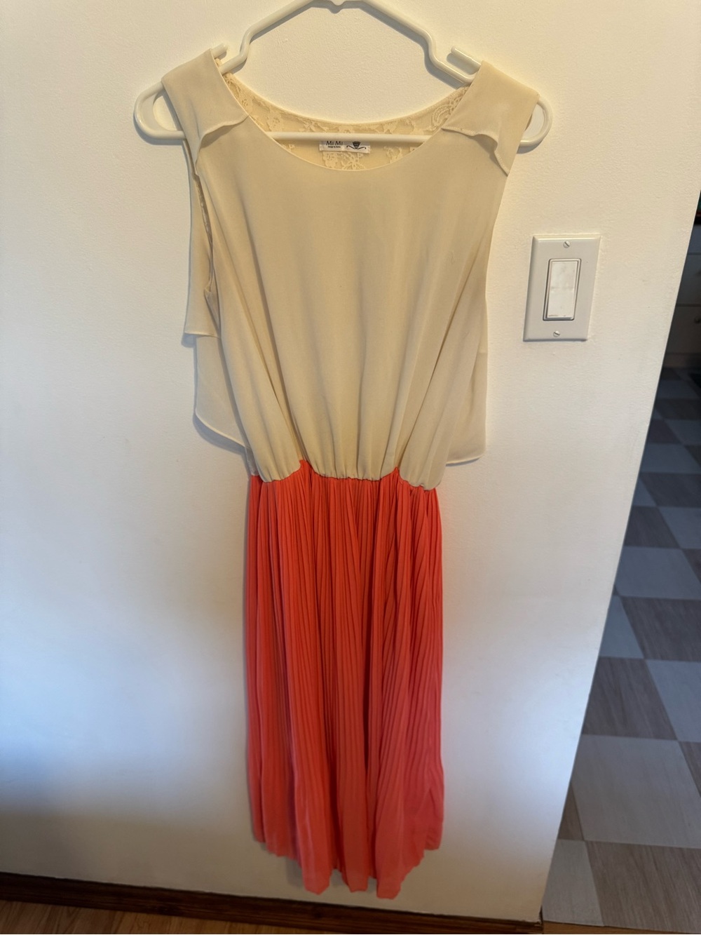 Women’s Two-Tone Pleated Maxi Dress - Cream Top, Coral Skirt